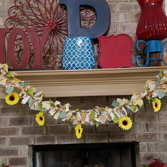 SOLD Summer Sunflower - Handmade Rag Garland, 5' - Picture 1 of 5